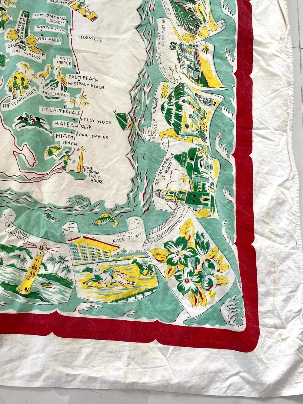Vintage 1950's MCM Florida Souvenir Map Cotton Tablecloth